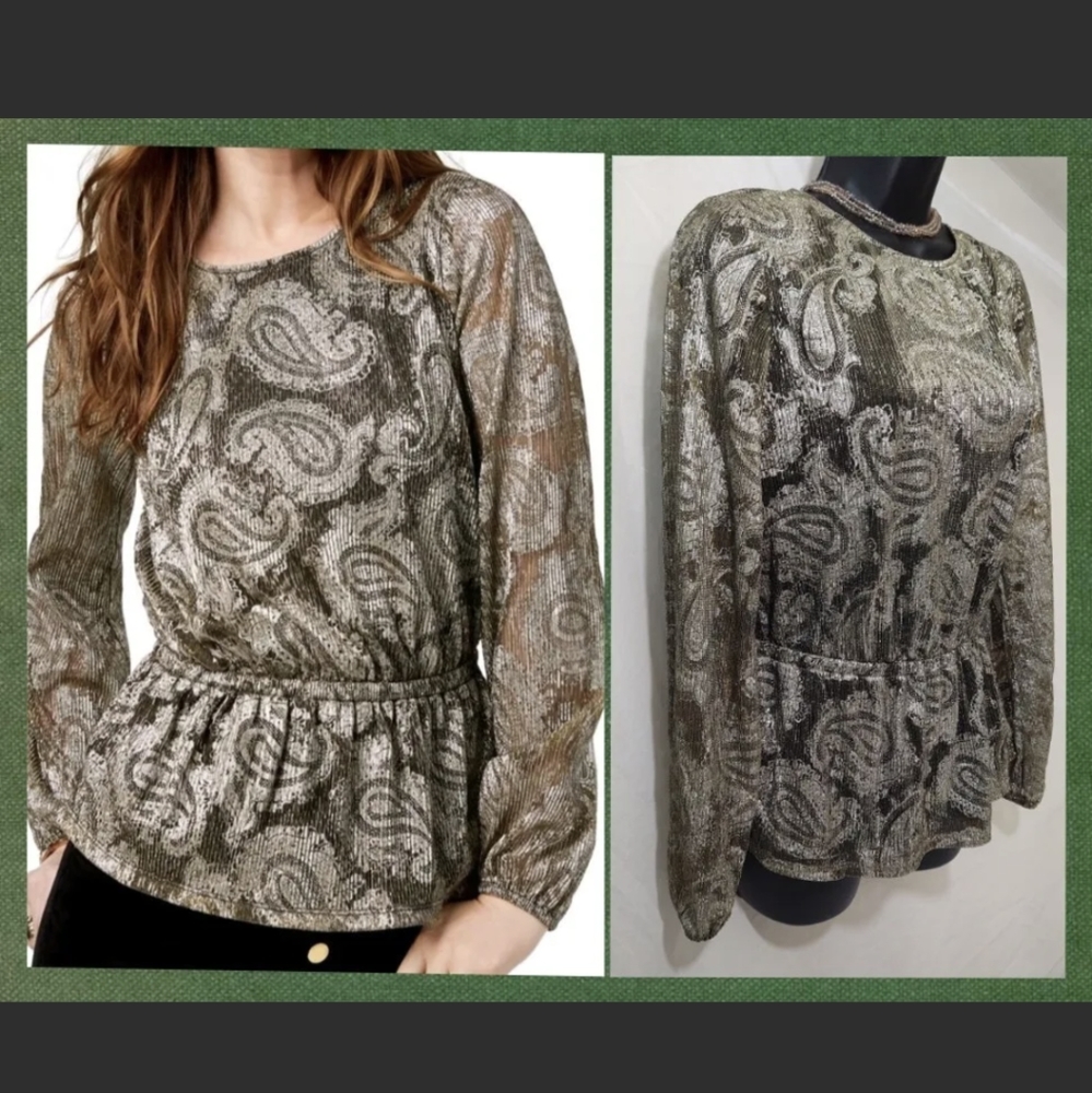 🏵️💚 MICHAEL KORS Women's Metallic Gold Paisley Long Sleeve Peplum Blouse